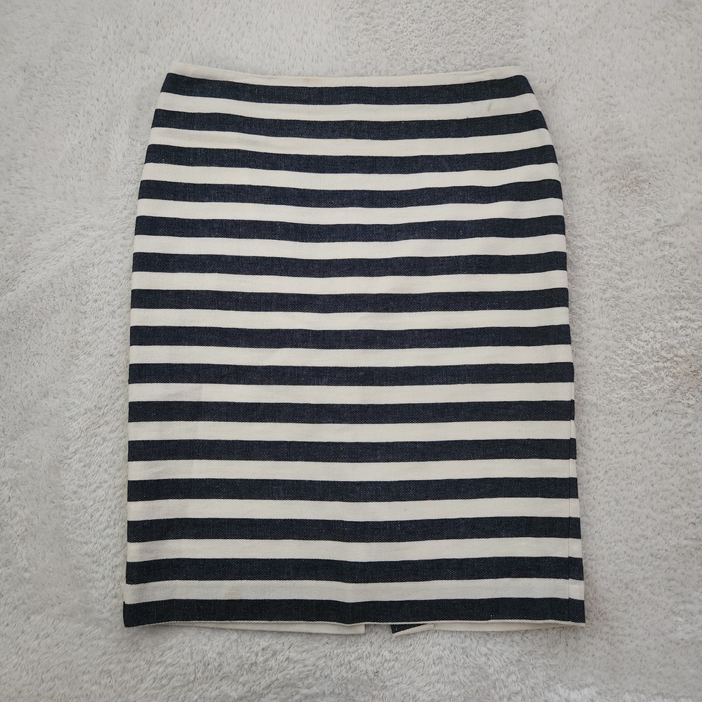 Ann Taylor Navy White Striped Cotton Linen Pencil Skirt Size 4 Nautical Office